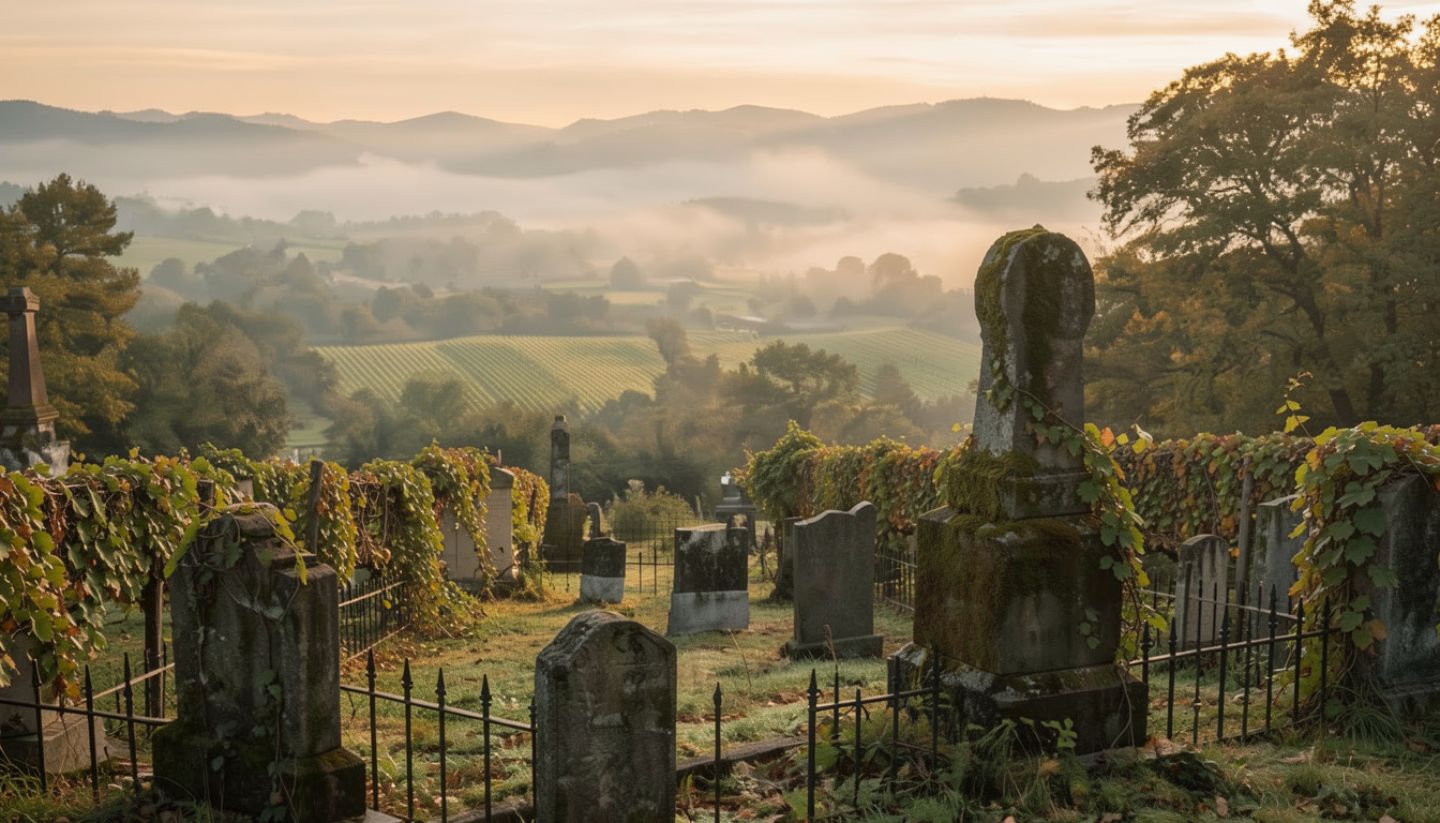 Historic Napa Valley cemetery located near vineyards and foothills, illustrating the connection between early settlers and the land.
