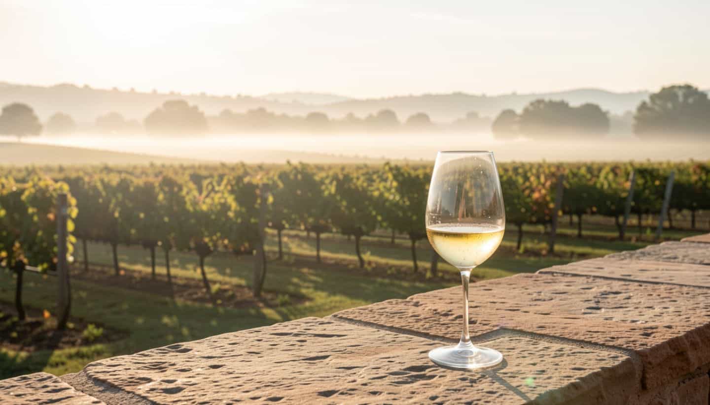 Late morning light over Carneros vineyards in Napa Valley with fog lifting in the background and a glass of chilled Chardonnay on a stone terrace overlooking the vines.