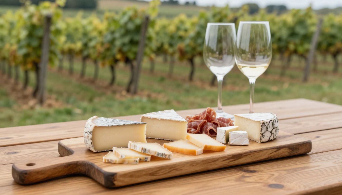 Cheese and charcuterie board on a wooden table overlooking Napa Valley vineyards, paired with wine and enjoyed outdoors.