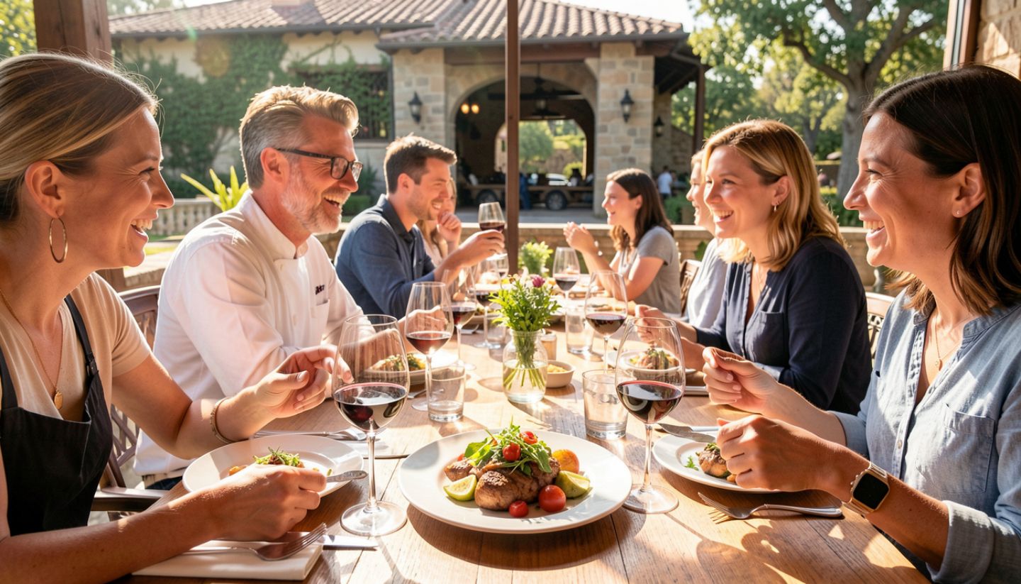Seasonal plated lunch at a Napa Valley restaurant with wine glasses and guests in conversation, highlighting Napa’s food-centric dining culture.