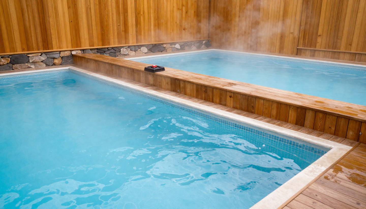 A cold plunge pool next to a warm stone soaking area in Napa Valley, showing the contrast used in traditional spa circuit therapy.