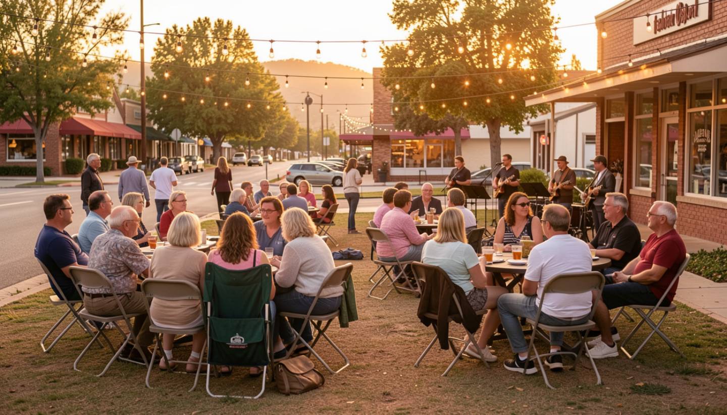 Local residents and visitors gathered at an outdoor community festival in Napa Valley at golden hour, sitting on folding chairs near a small live music stage with vineyards and town buildings in the background