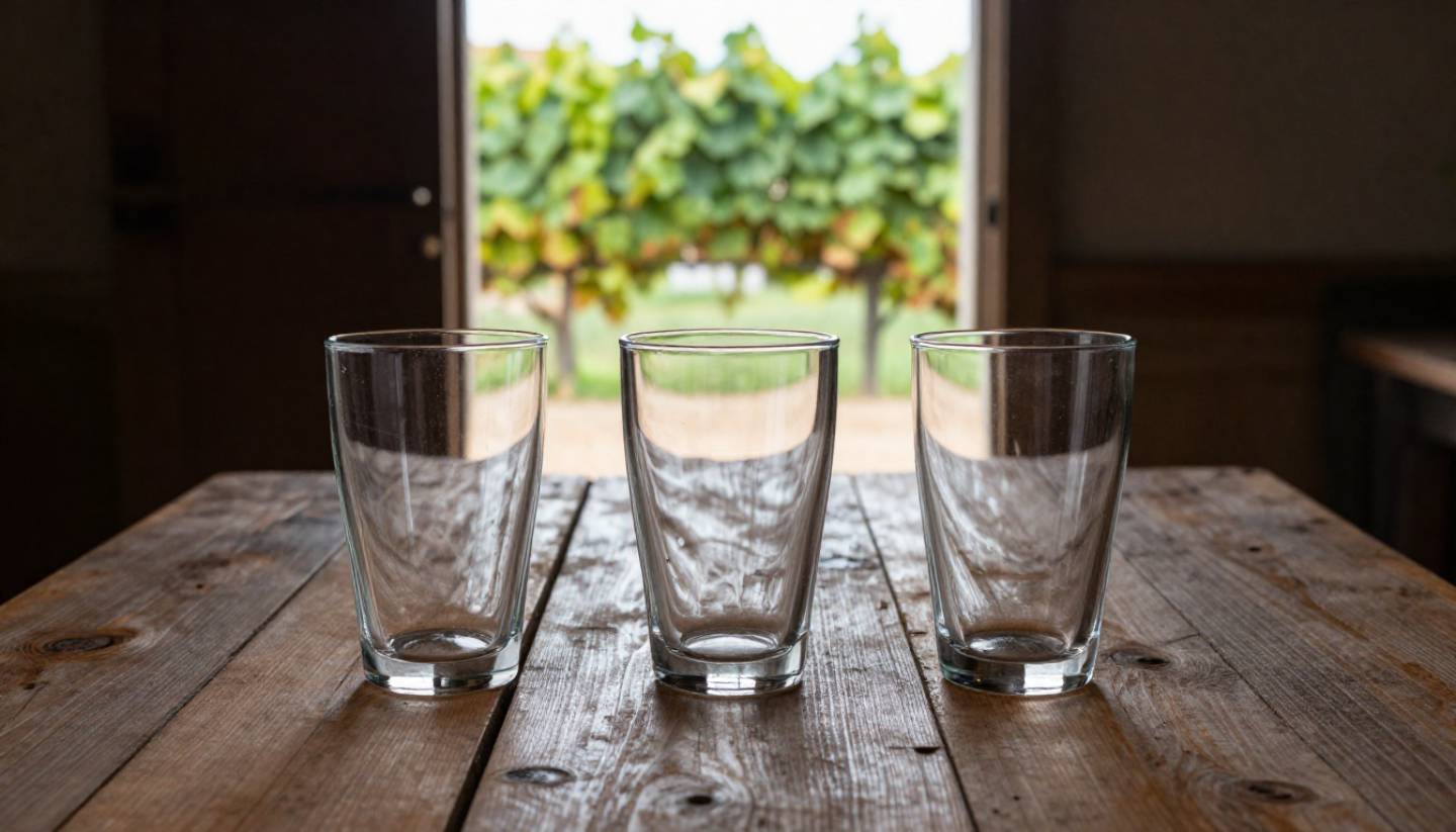 Comparative wine tasting flight with three glasses on a wooden table in Napa Valley, representing educational wine tasting focused on terroir and aging.