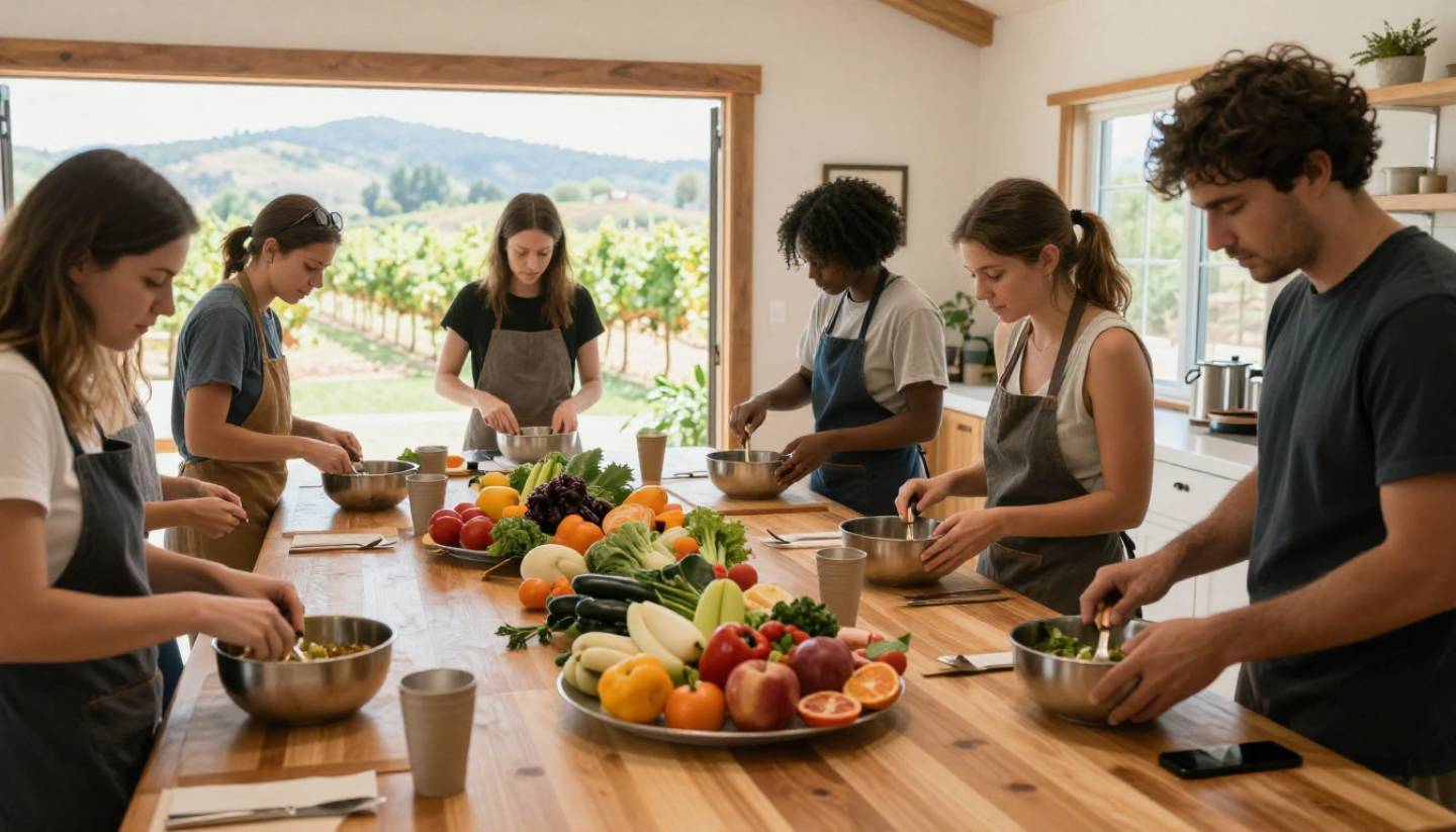Small group cooking class in Napa Valley with participants preparing seasonal ingredients in a vineyard adjacent kitchen, showing a hands on culinary workshop experience.
