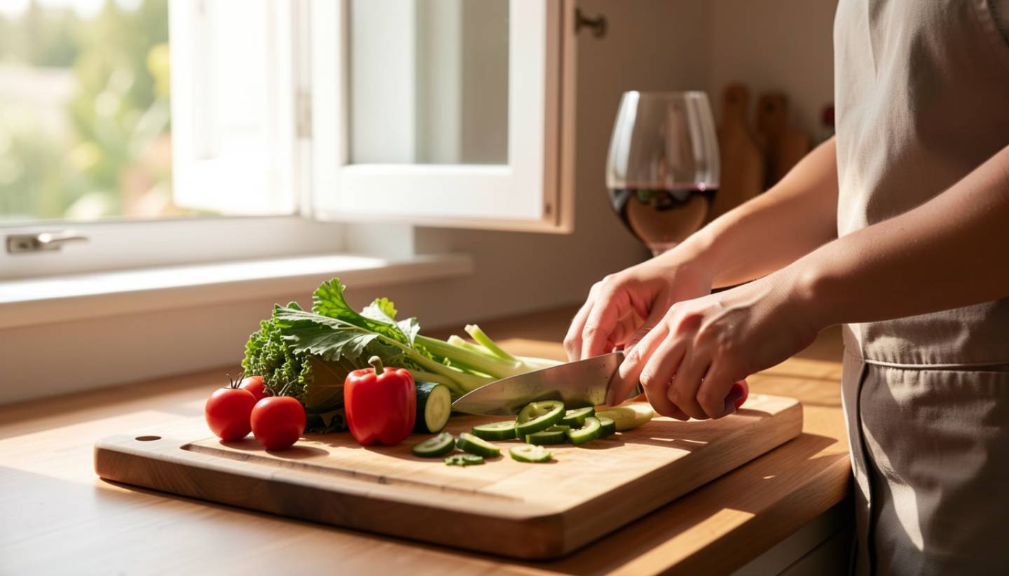 Fresh Napa Valley vegetables being prepared in a home kitchen with natural light, showing a relaxed cooking experience focused on seasonal ingredients.