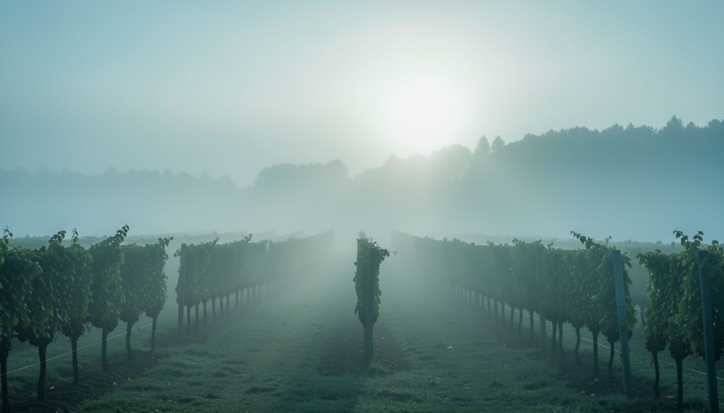 Morning fog over Napa Valley vineyards in a cool climate area, showing slow ripening conditions ideal for Pinot Noir and Chardonnay.