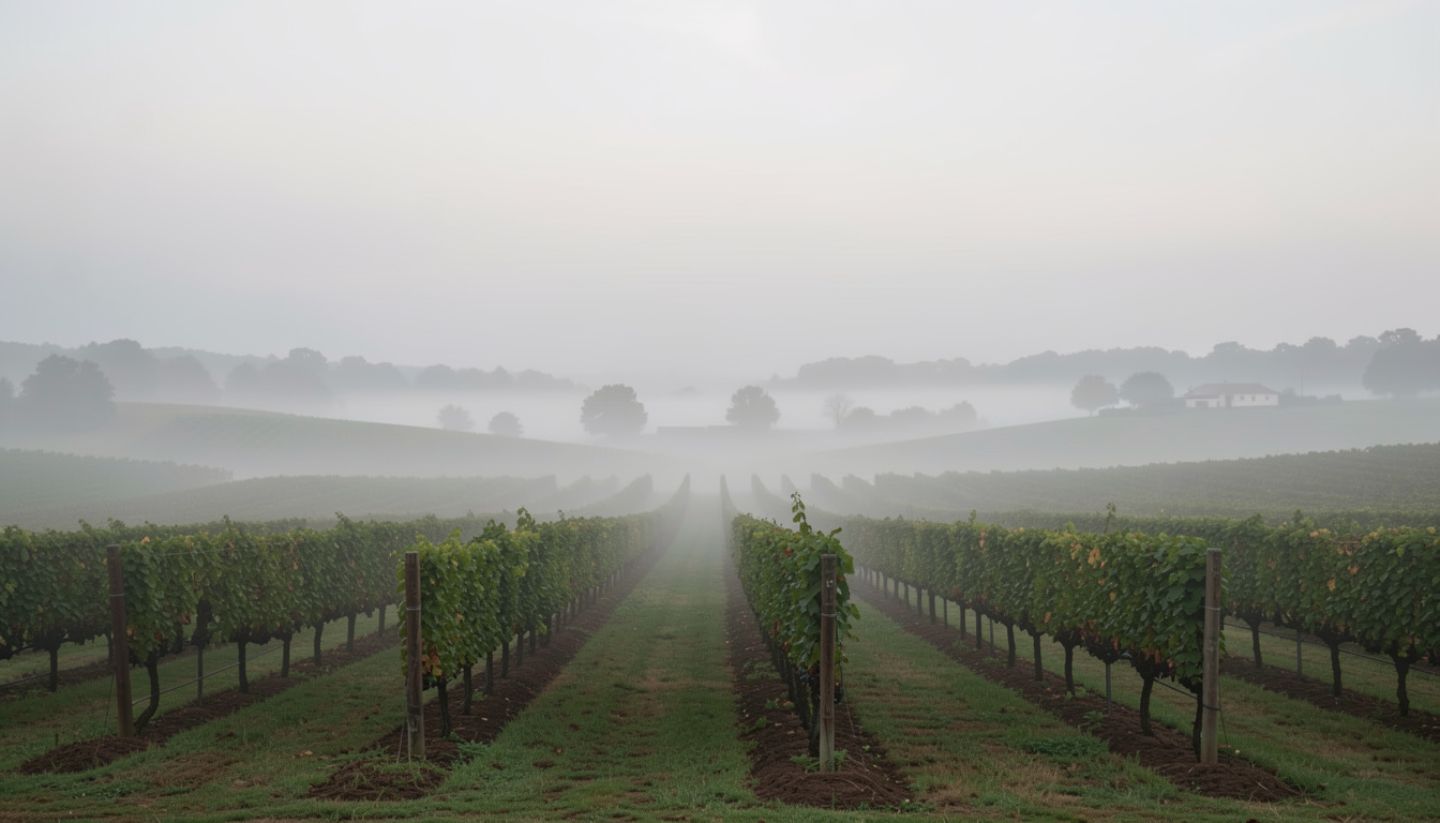 Morning fog lifting over vineyard rows in Napa Valley, creating a quiet and reflective landscape suited for a creative retreat.
