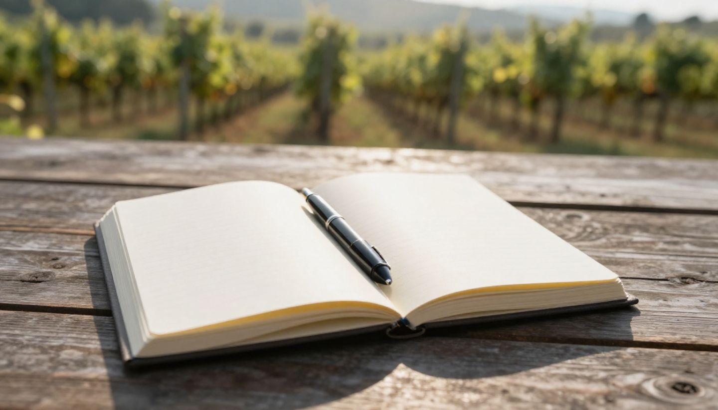 Notebook and pen on an outdoor table overlooking Napa Valley vineyards, representing a quiet writing session during a creative retreat.