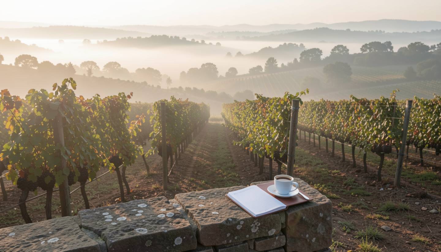 Morning fog lifting over Napa Valley vineyards with a notebook and coffee in the foreground, creating a quiet setting for a creative writing weekend.