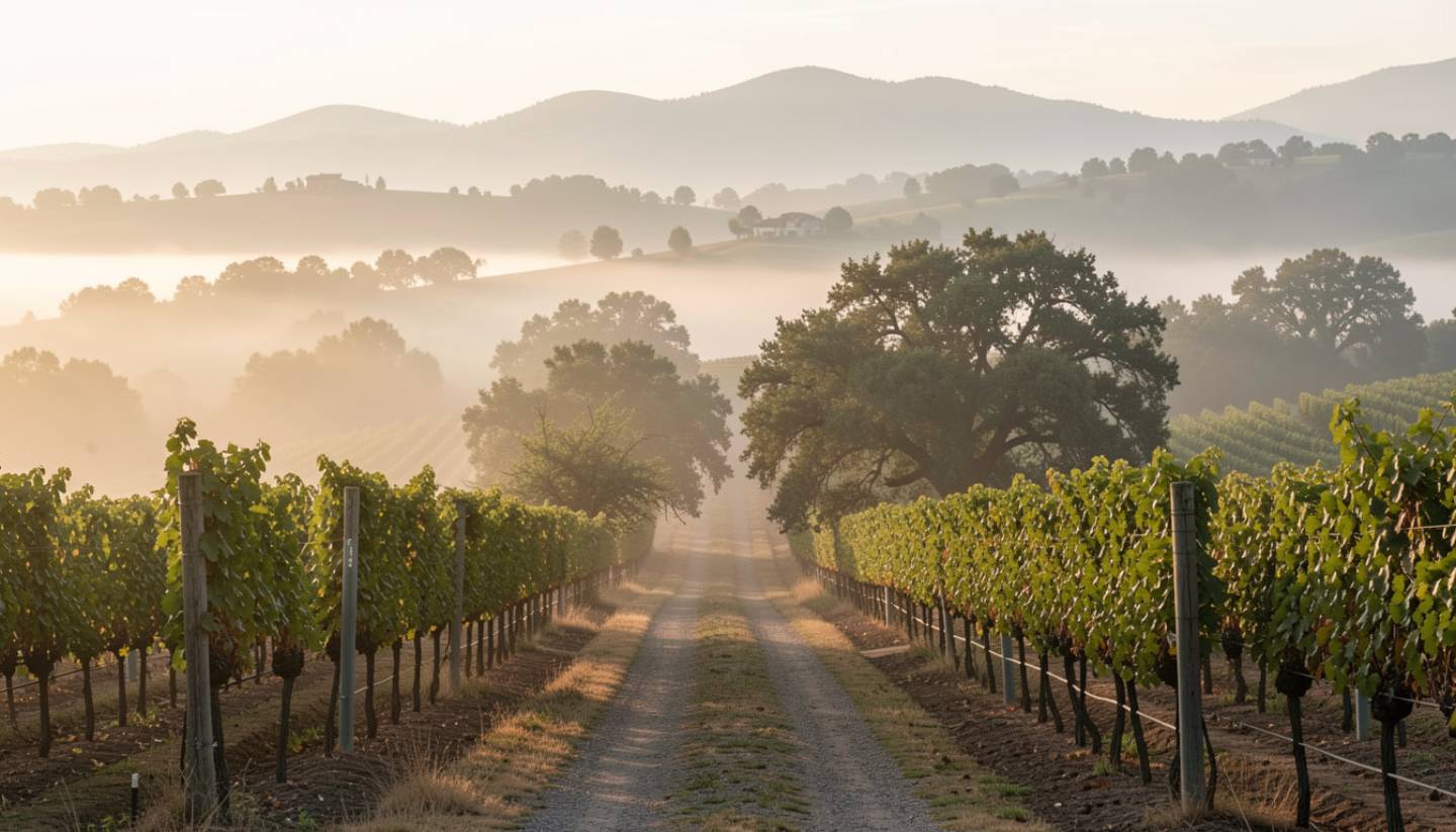 Quiet vineyard road in Napa Valley with oak trees and morning fog, creating a calm and unplugged atmosphere away from city noise.
