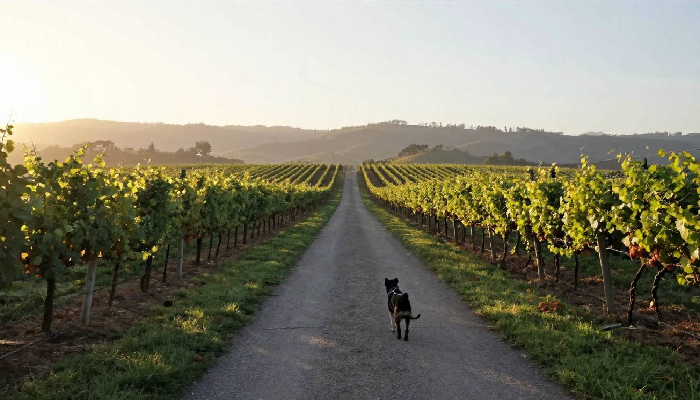 Person walking a dog along a quiet path in Yountville Napa Valley during early morning light, highlighting a dog friendly travel itinerary.