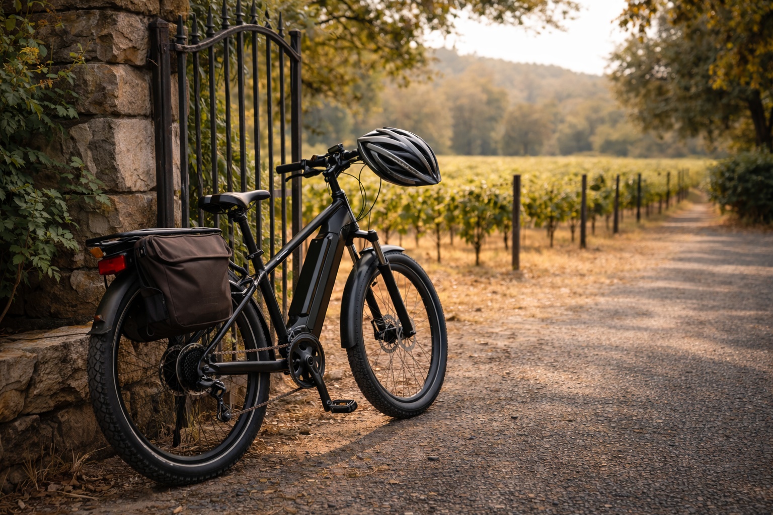View from an electric bike on a quiet Napa Valley road near Rutherford and Oakville with vineyards and hills, showing a peaceful cycling experience.