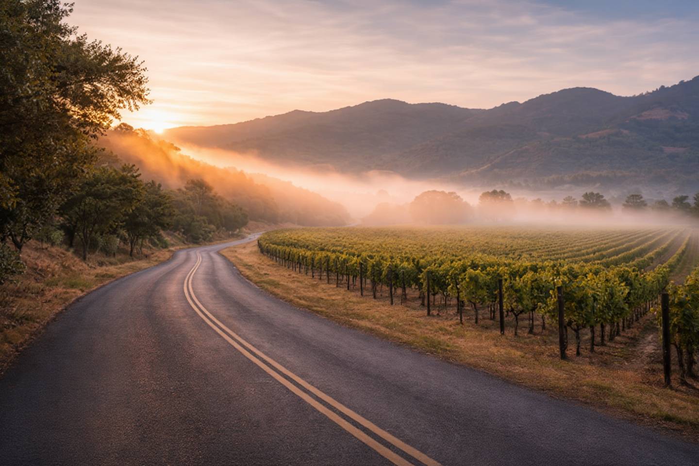Sunrise over Napa Valley vineyards along Silverado Trail with morning fog and empty road, highlighting a peaceful early riser experience.