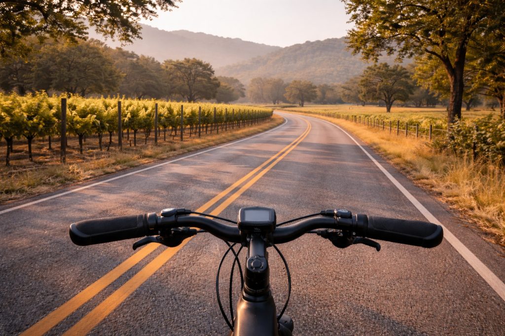 )
 View from an electric bike on a quiet Napa Valley road near Rutherford and Oakville with vineyards and hills, showing a peaceful cycling experience.
