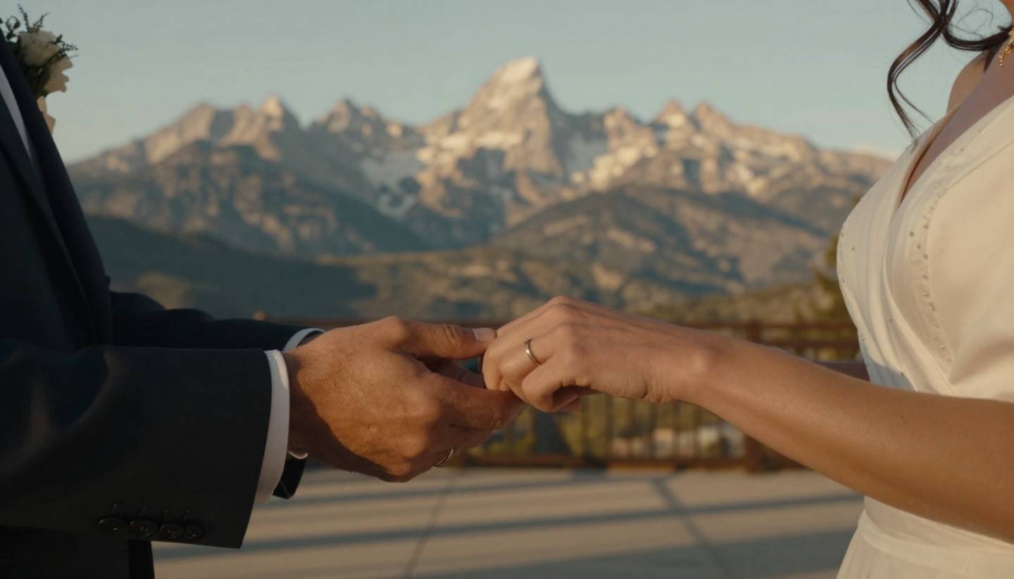 Small elopement ceremony in Napa Valley at golden hour on a private terrace overlooking the Mayacamas mountains.