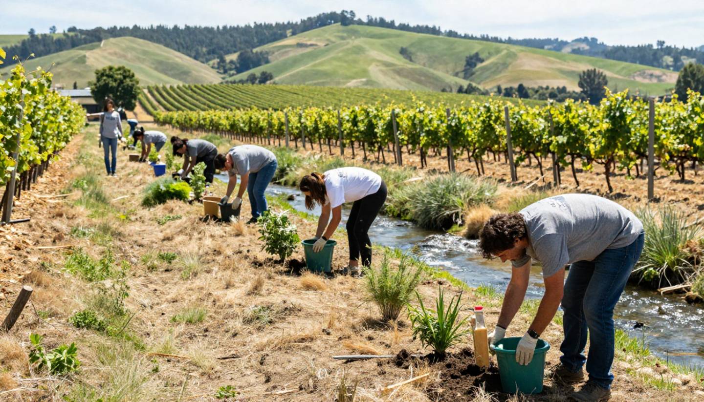 Volunteers participating in environmental stewardship in Napa Valley, working outdoors near vineyards and hills to support land conservation.