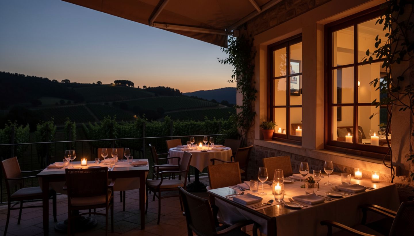 Evening view of a Napa Valley restaurant terrace with candlelight and soft illumination, set against vineyards and hills at dusk.