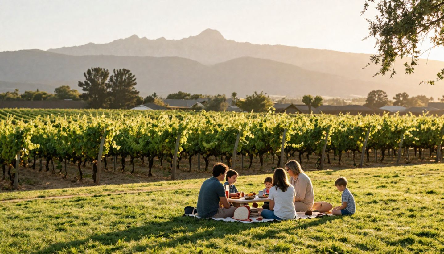 Family enjoying a relaxed afternoon at a Napa Valley winery with open lawn, vineyard rows, and the Mayacamas mountains in the background.