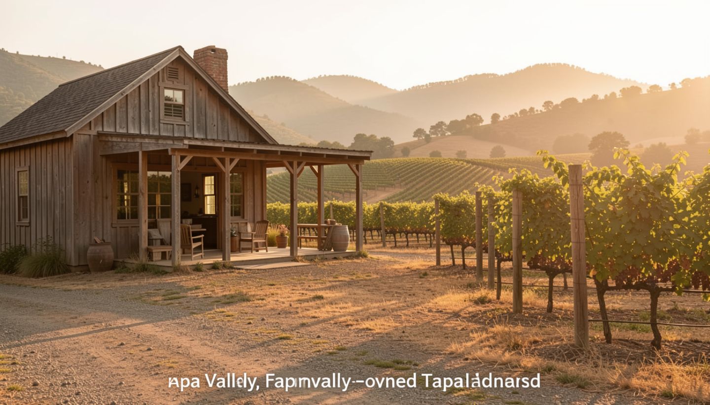 Family-owned winery in Napa Valley with vineyards and a small tasting room, showing an intimate and personal wine tasting experience.
