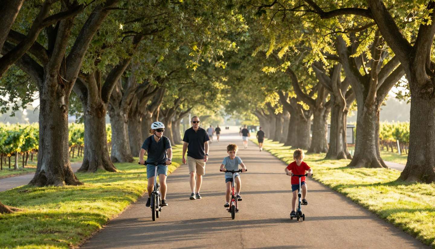 Families walking and biking along a paved path in Yountville, Napa Valley, on a clear late-morning day.