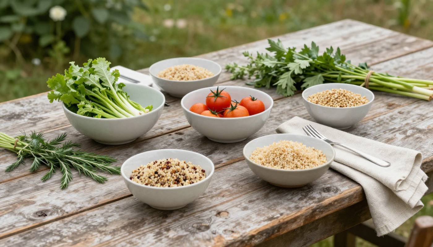 Outdoor farm-to-table lunch in Napa Valley featuring vegetable-forward dishes and shared plates, representing wellness travel centered on seasonal food and balance.