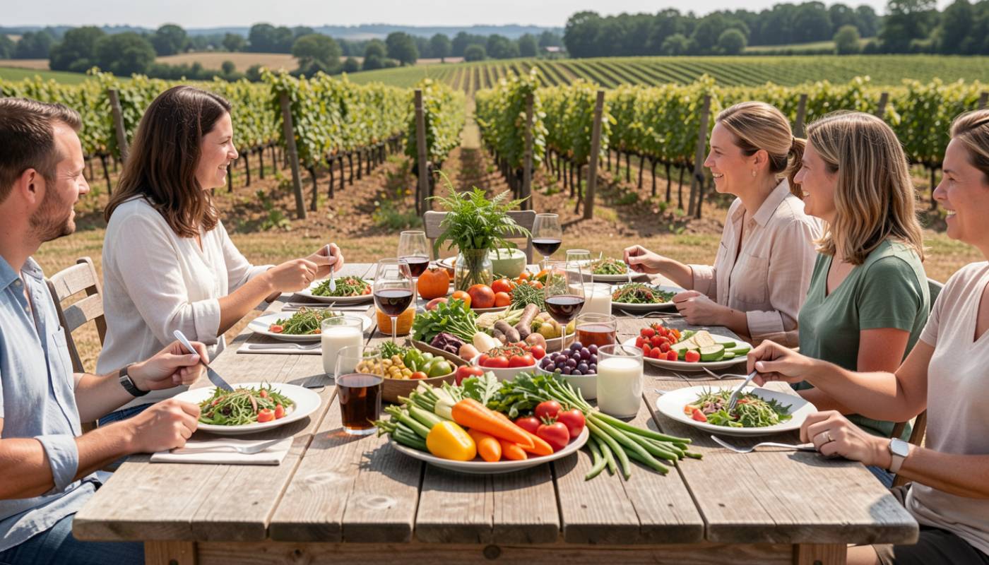 Outdoor farm to table meal in Napa Valley featuring seasonal vegetables and shared plates, representing sustainable food and agriculture focused travel.