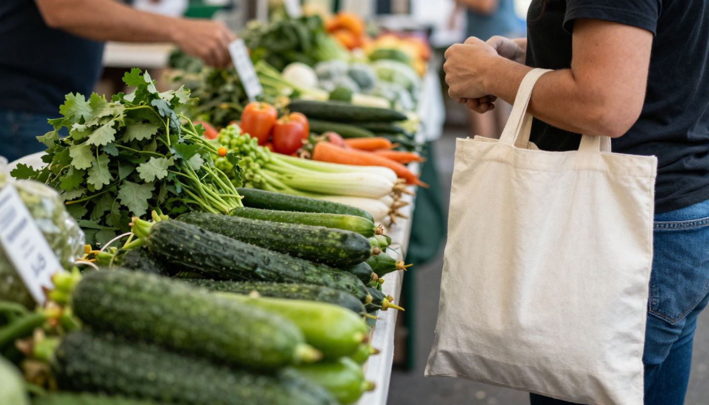Visitor shopping at a Napa Valley farmers market using a reusable tote bag and buying unpackaged produce, highlighting low-waste travel.