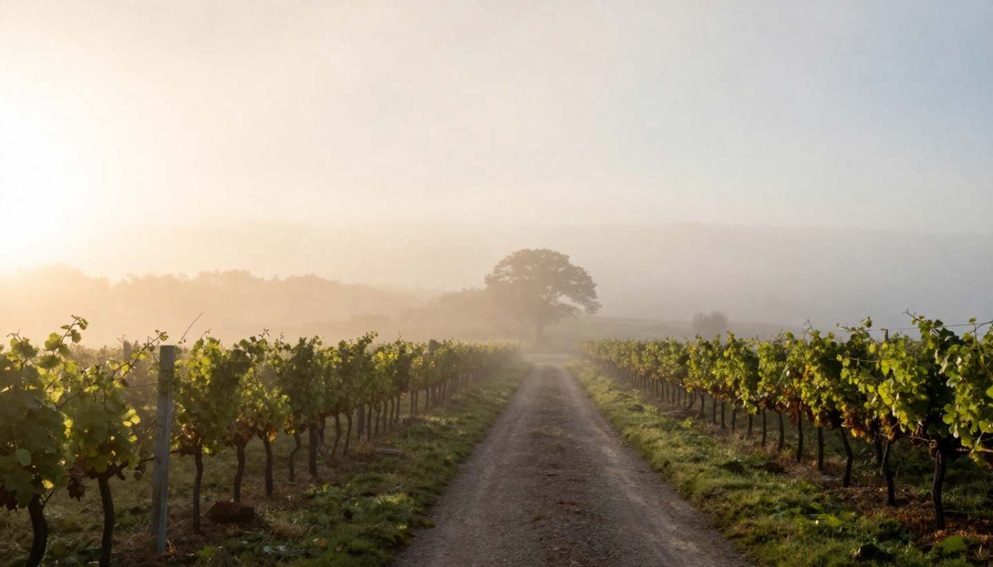 Early morning fog lifting over Napa Valley vineyards, showing the calm reward of an early night.