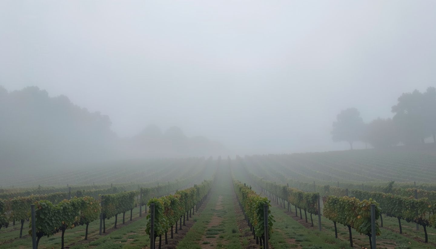 Foggy morning over Napa Valley vineyards with low clouds and soft light, showing the calm atmosphere of rainy weather.