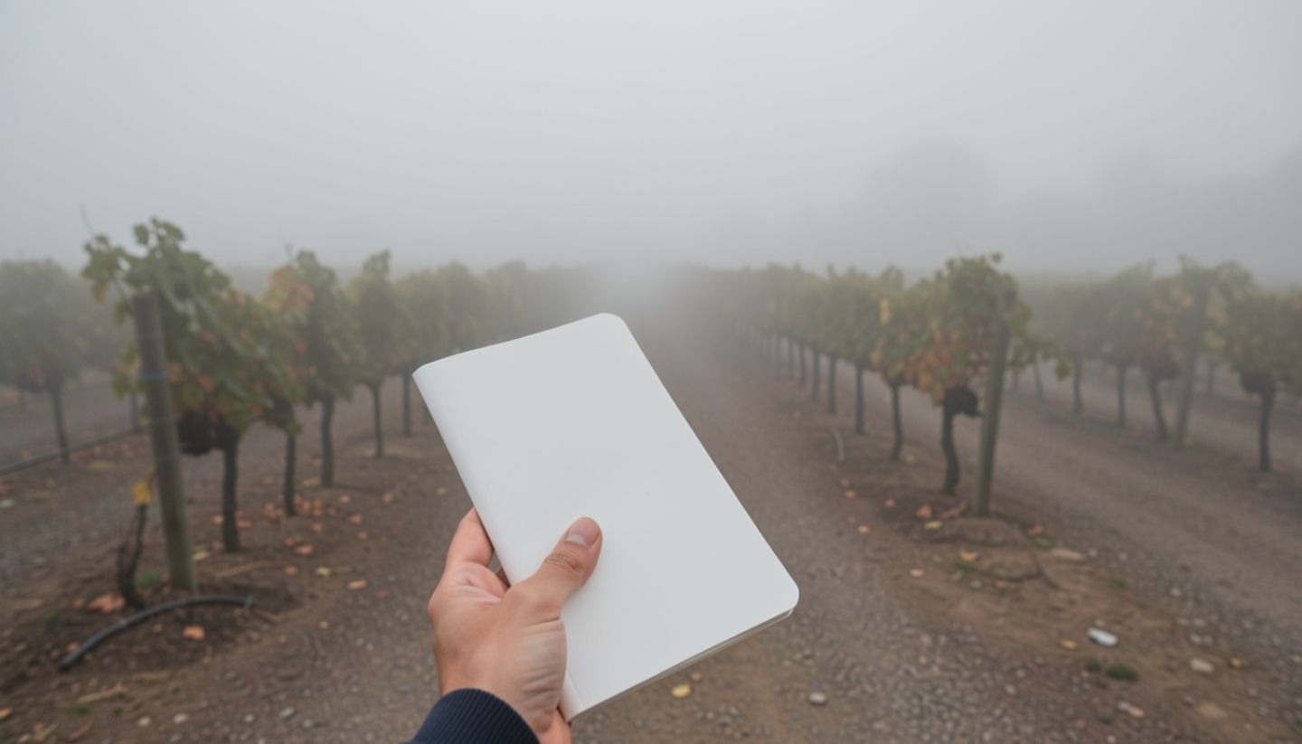 Travel journal near a foggy Napa Valley vineyard, capturing a reflective writing moment in quiet surroundings.