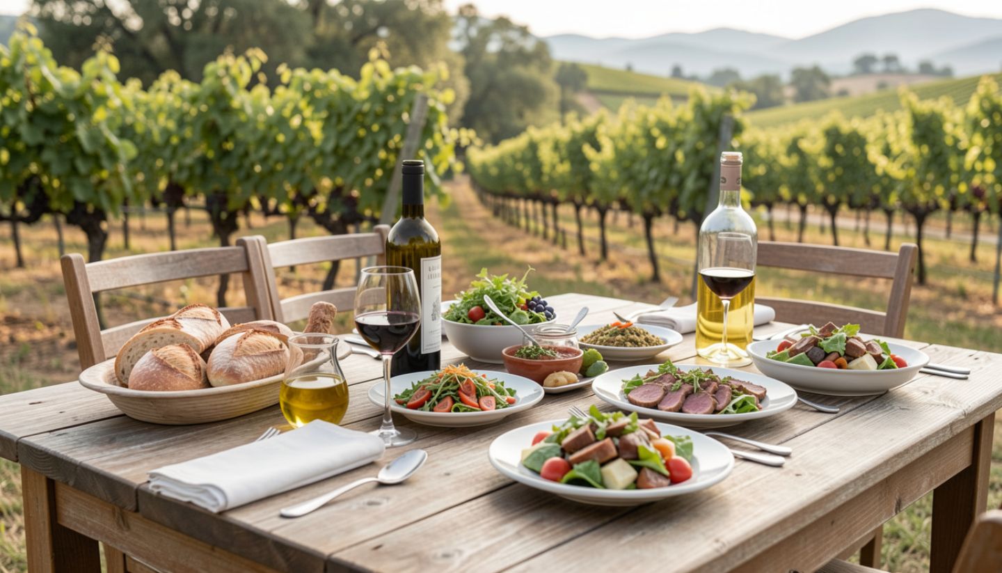 Outdoor lunch table in Napa Valley with seasonal food and vineyard views, showing a food-first wine travel experience.