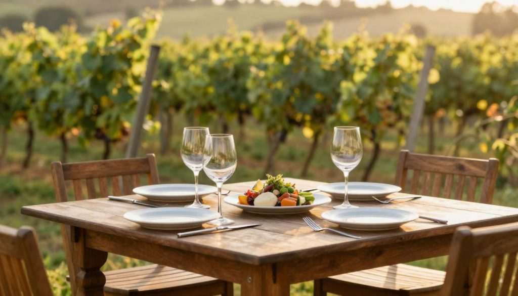 Outdoor lunch table at a Napa Valley restaurant with wine glasses and seasonal food in a quiet garden setting.