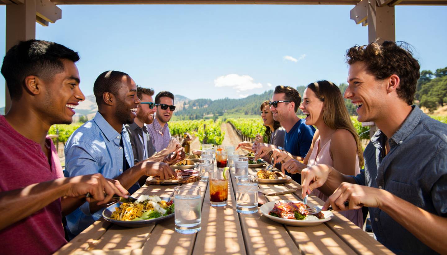 Outdoor lunch table in Napa Valley with shared plates and guests enjoying food and conversation, illustrating a food centered experience for non drinkers and wine lovers.