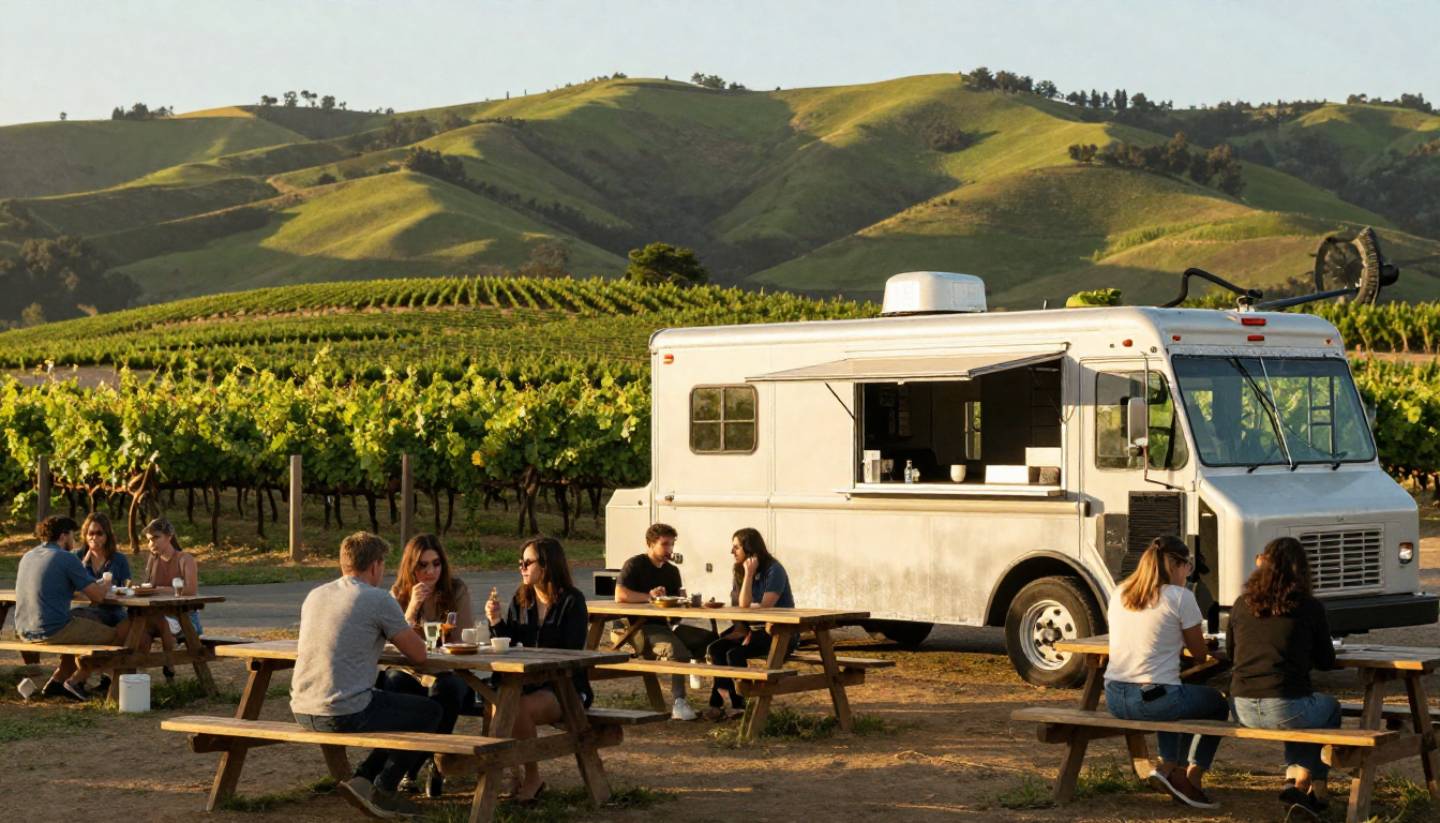 Food truck with outdoor picnic tables in Napa Valley during late afternoon light, showing casual dining culture between winery visits.