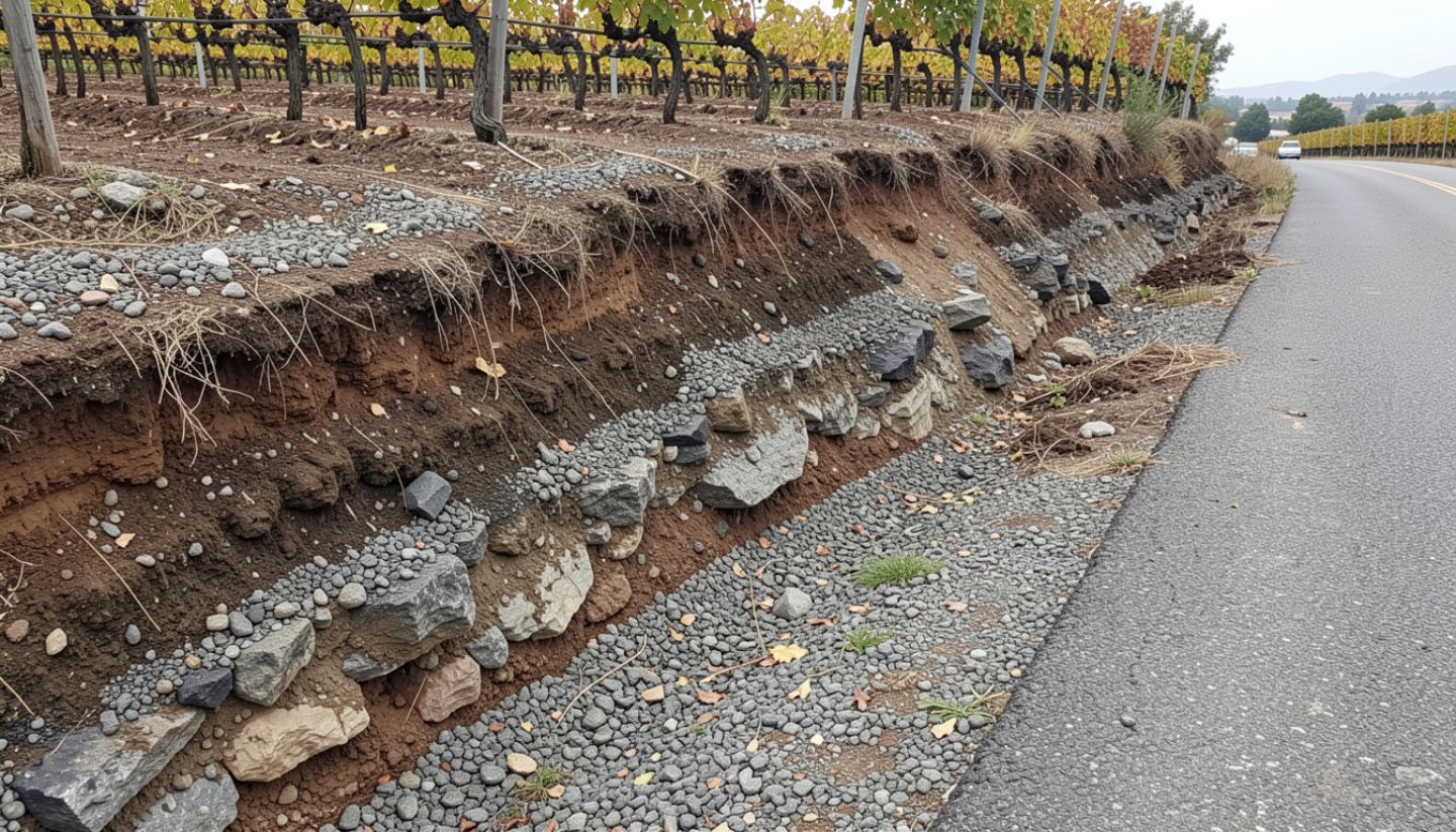Exposed soil and rock layers in Napa Valley showing volcanic and sedimentary geology that influences vineyards and land use.