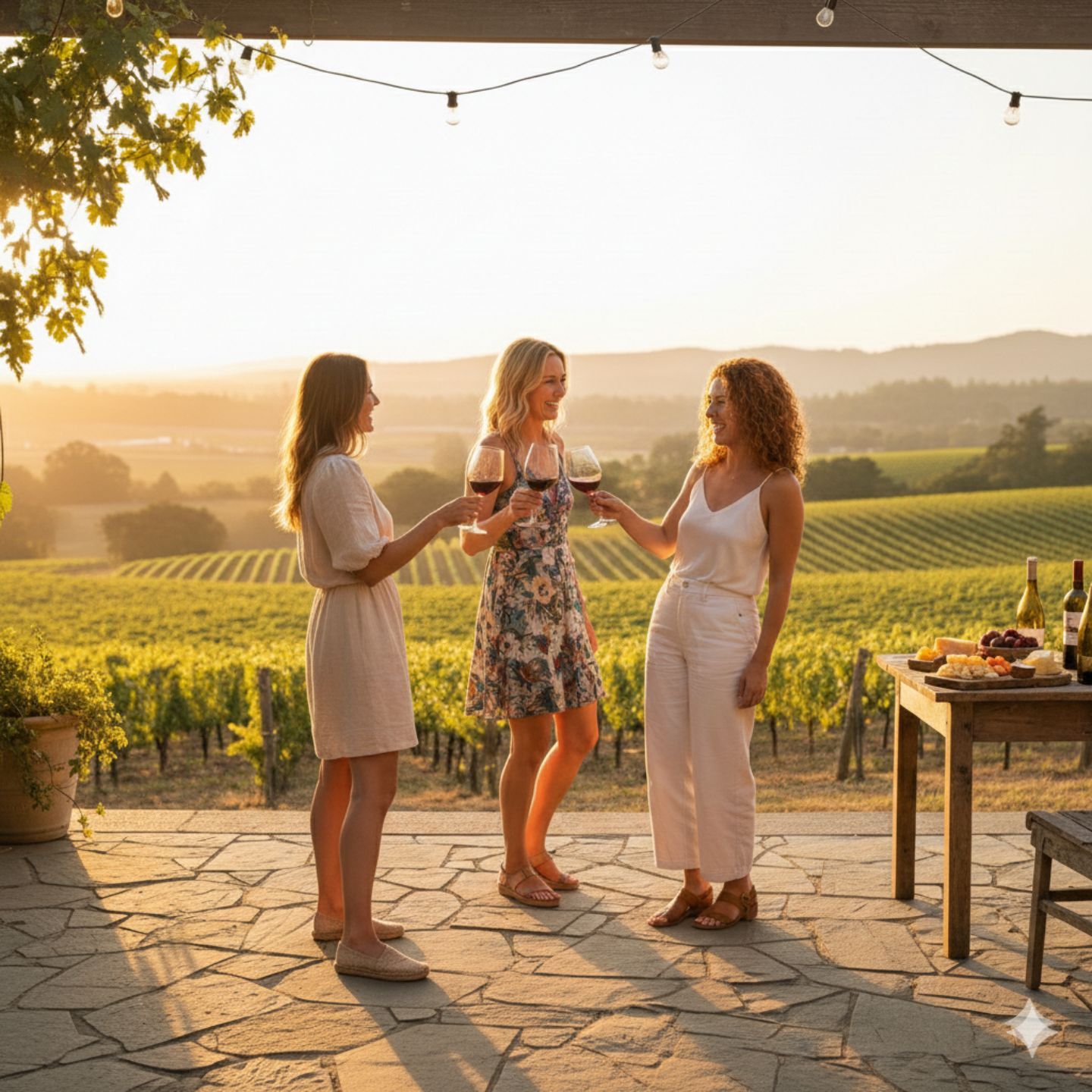 Friends enjoying wine together at golden hour overlooking Napa Valley vineyards, capturing a memorable and relaxed girls trip moment.