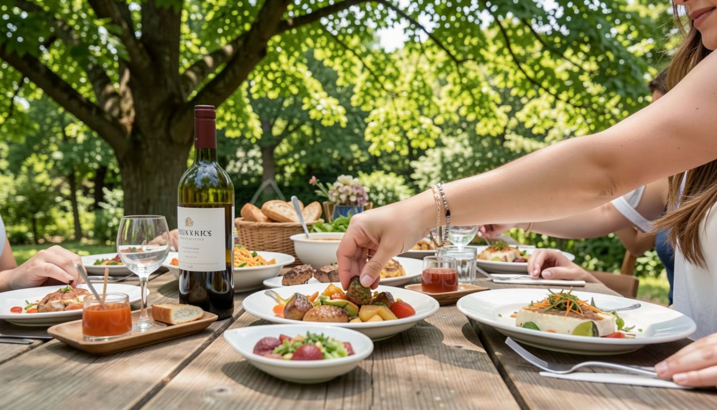 Friends enjoying wine and shared food at an outdoor Napa Valley winery table with vineyard views, representing a relaxed girls trip itinerary in Napa Valley.