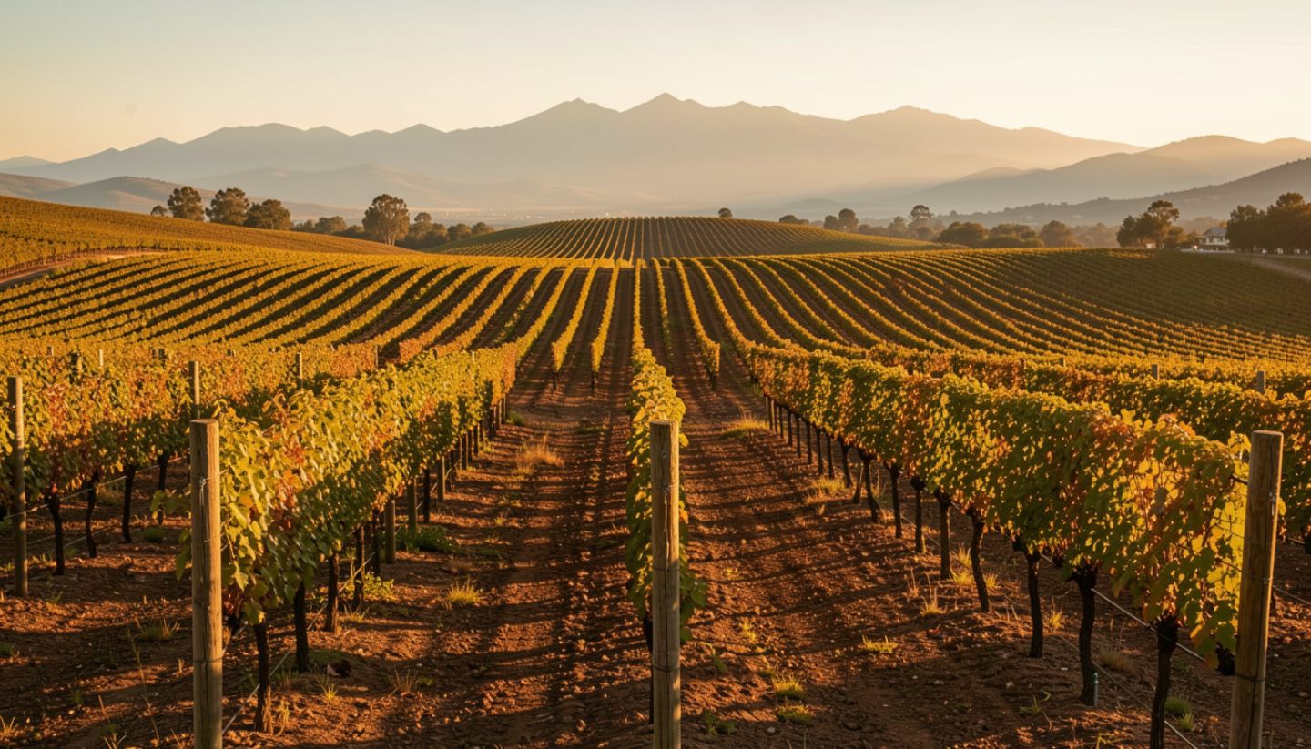 Golden-hour sunlight casting long shadows across Napa Valley vineyard rows, showing classic evening light for photography.