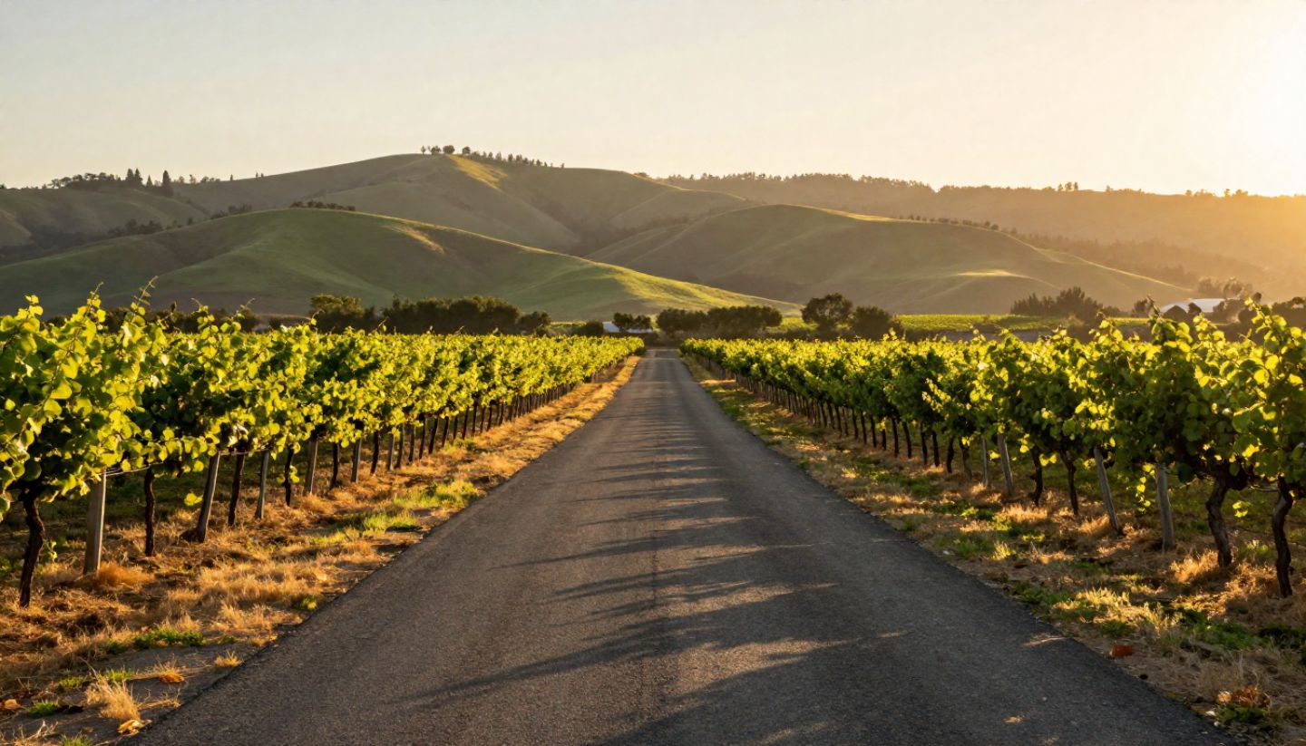 Quiet vineyard road in Napa Valley during golden hour, with vineyard rows and the Mayacamas mountains, representing slow travel and meaningful experiences beyond wine bottles.