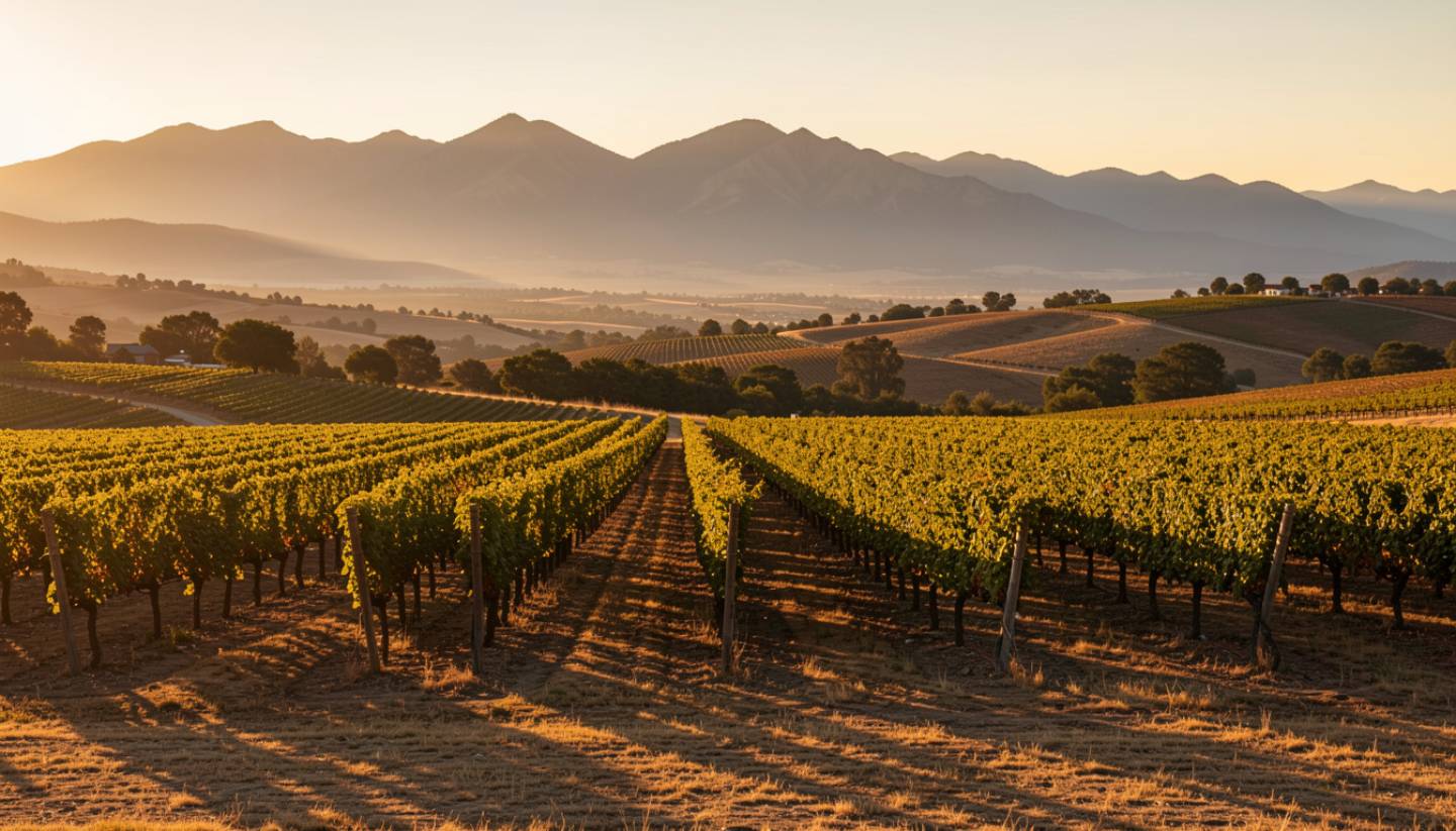 Golden hour sunlight over Napa Valley vineyards with the Mayacamas mountains in the background.