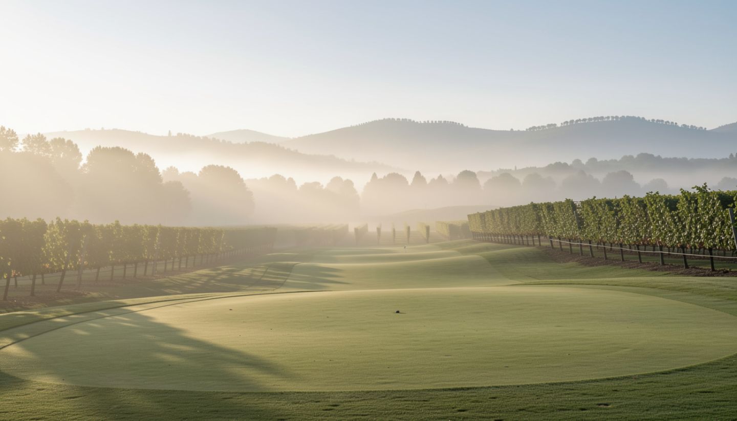 Early morning golf fairway in Napa Valley with light fog and vineyard rows nearby, showing the connection between wine country and golf.