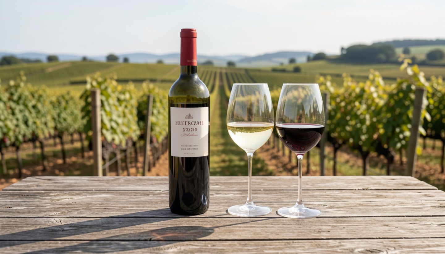 A relaxed post round winery scene. A small table with wine glasses overlooking vineyard rows in the afternoon light. Golf clubs rest subtly out of focus nearby, without dominating the frame.