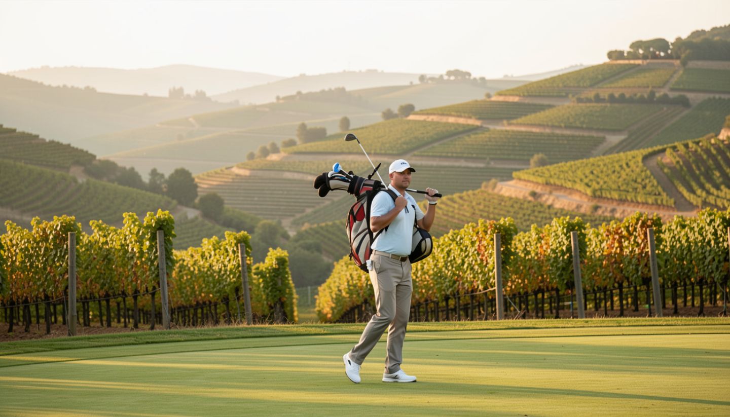 Golfer walking on a Napa Valley golf course with vineyard-covered hills in the background, illustrating a relaxed wine and golf experience.