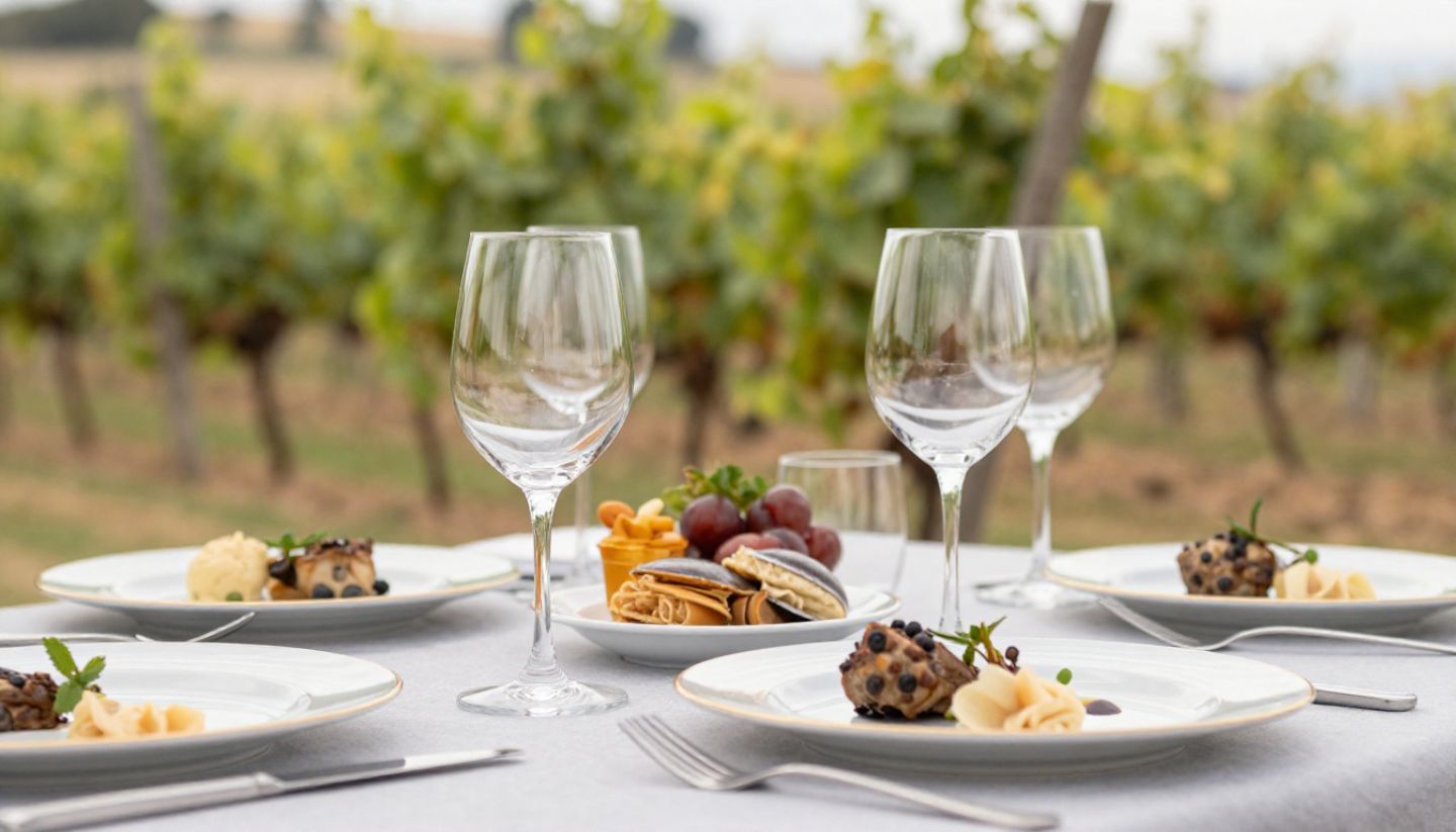 Outdoor long lunch in Napa Valley with shaded seating, representing a relaxed break during a wine and golf itinerary.