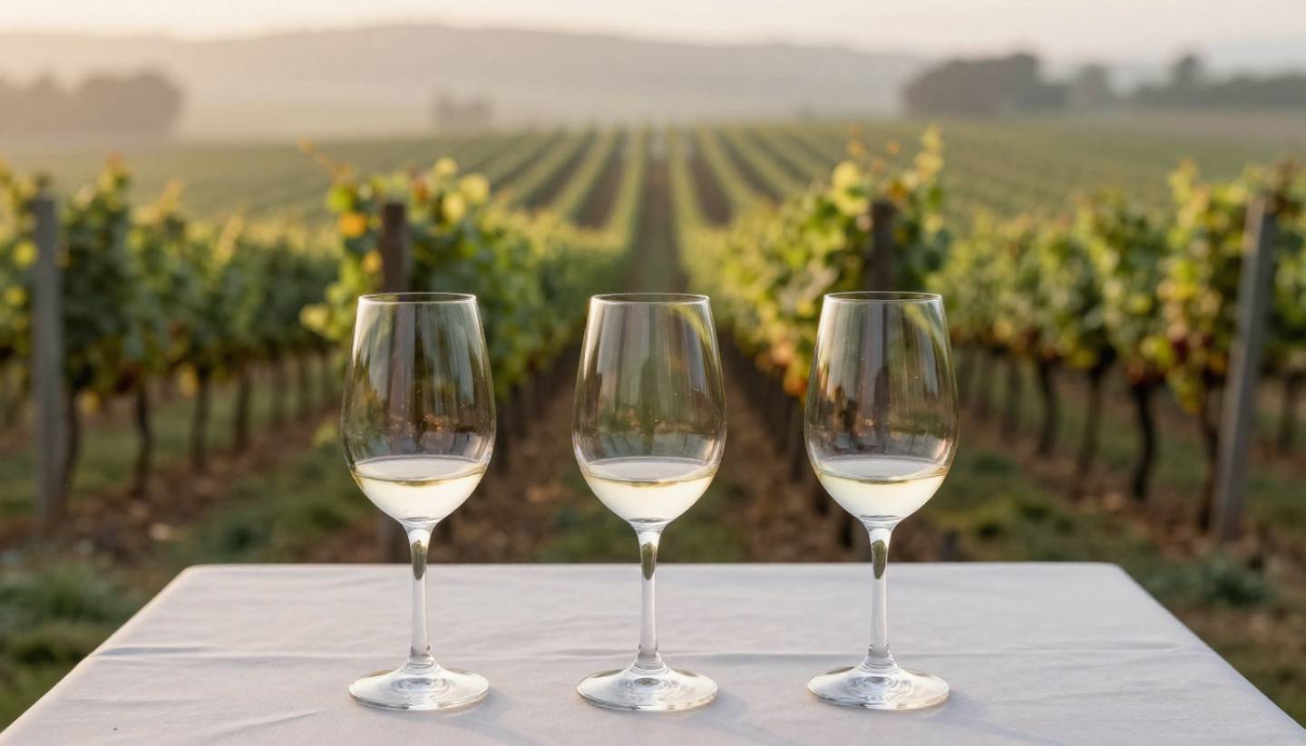 Three wine glasses arranged on a tasting table overlooking Napa Valley vineyard rows, illustrating how the same grape variety expresses differently by location and soil.
