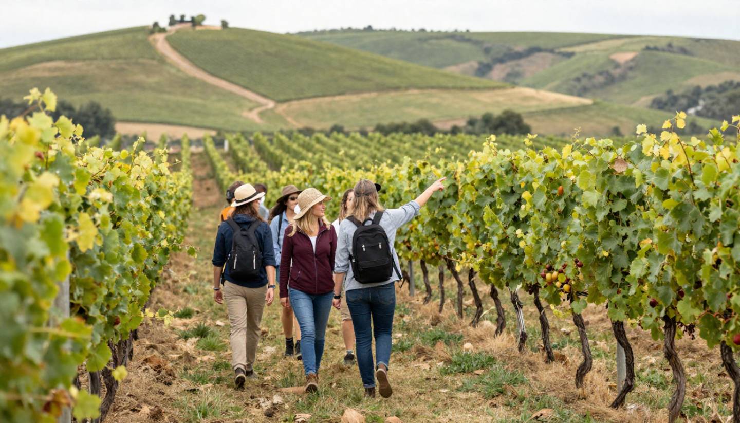 Small group walking through a Napa Valley vineyard with a guide, learning about vines and wine during an estate tour.