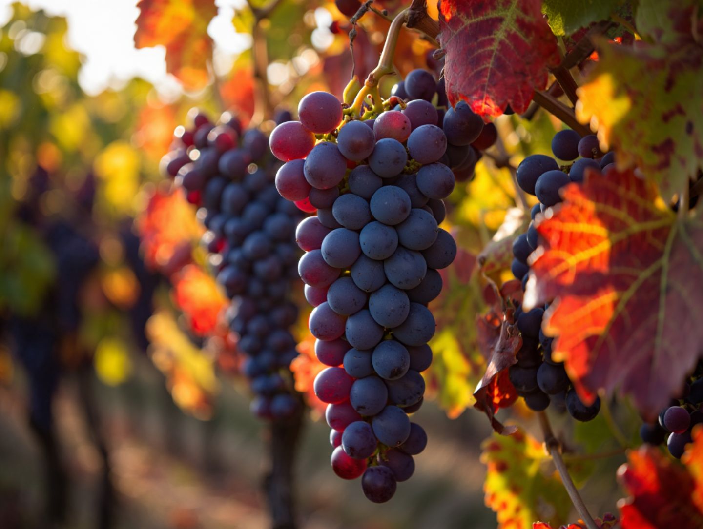 Close view of ripe grape clusters on the vine in Napa Valley during fall harvest.