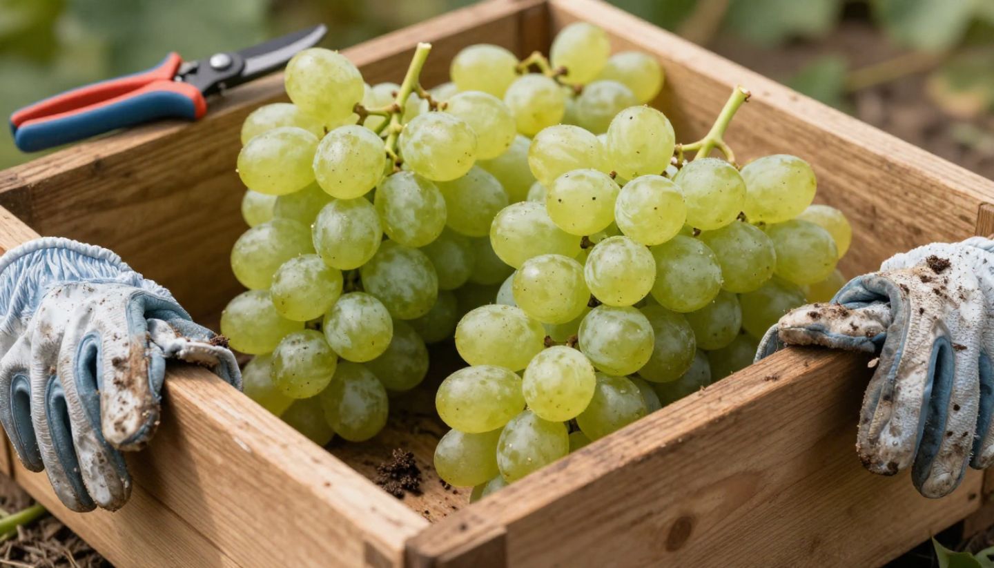 Freshly harvested Napa Valley wine grapes resting in a picking bin with clippers and work gloves, showing the hands-on nature of harvest season.