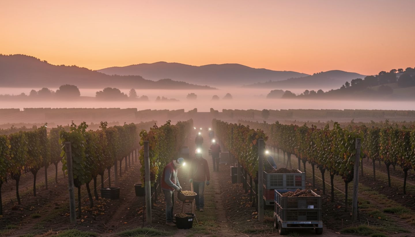 Early morning vineyard harvest in Napa Valley with workers moving through vine rows under headlamps as fog lifts over the Rutherford benchlands.”
