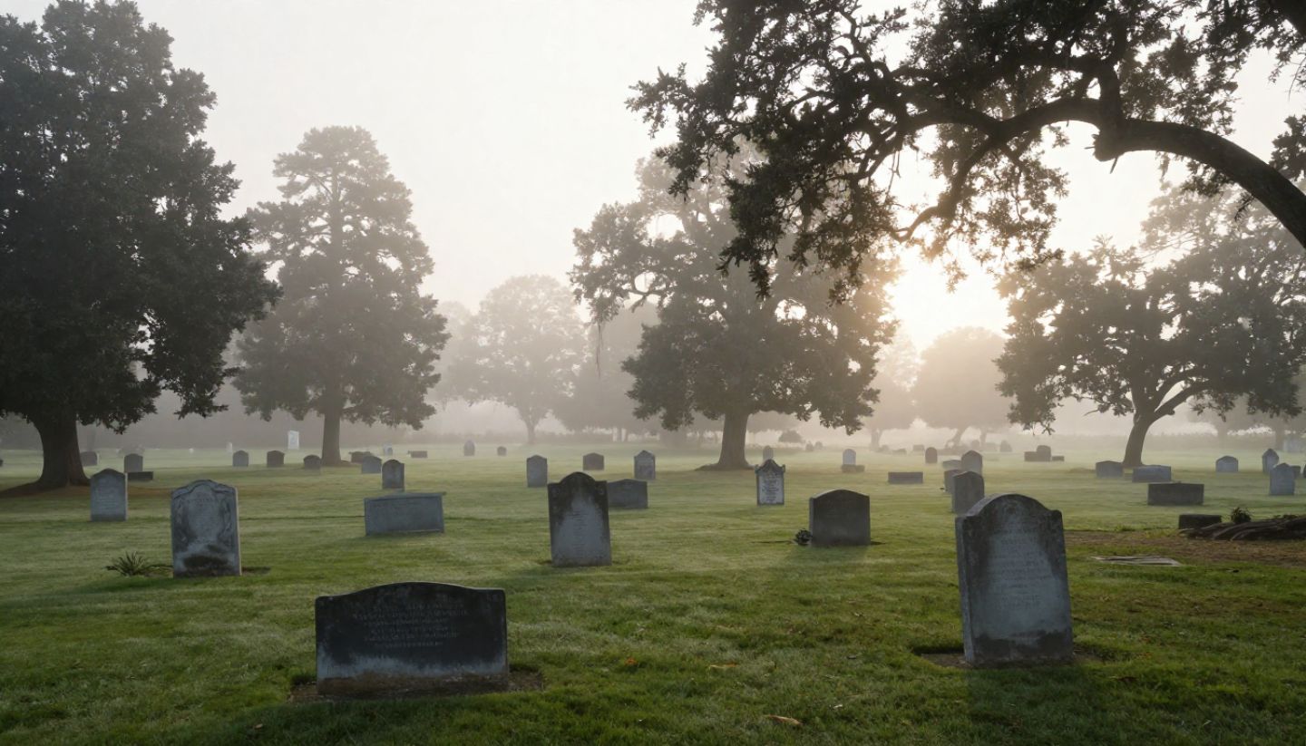 Historic cemetery in Napa Valley at sunrise with fog and old headstones, reflecting early settlers and local history.